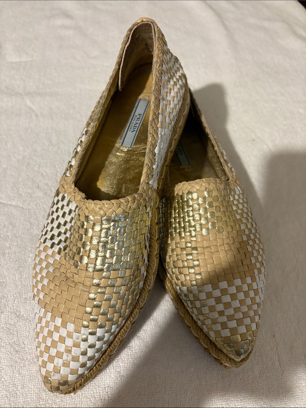 Prada Beige White and Gold Woven Leather Flats